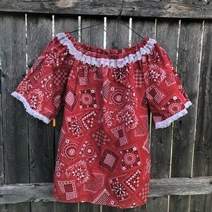 Handmade Red Bandana Print Off-Shoulder Top with Lace Trim